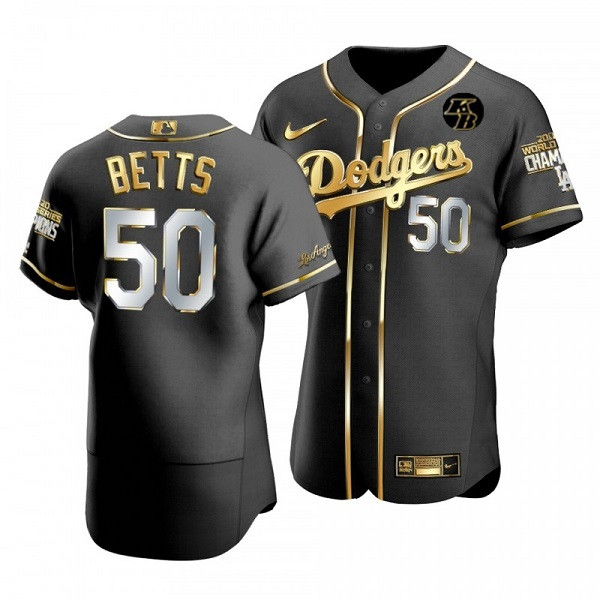 Men's Los Angeles Dodgers #50 Mookie Betts Black Golden MLB 2020 World Series Champions Sttiched Jersey Men's Los Angeles Dodgers #50 Mookie Betts Black Golden MLB 2020 World Series Champions Sttiched Jersey
